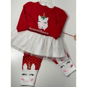 Magical Season Unicorn Christmas Outfit Red White Tulle tutu Dot Leggings 6m NWT